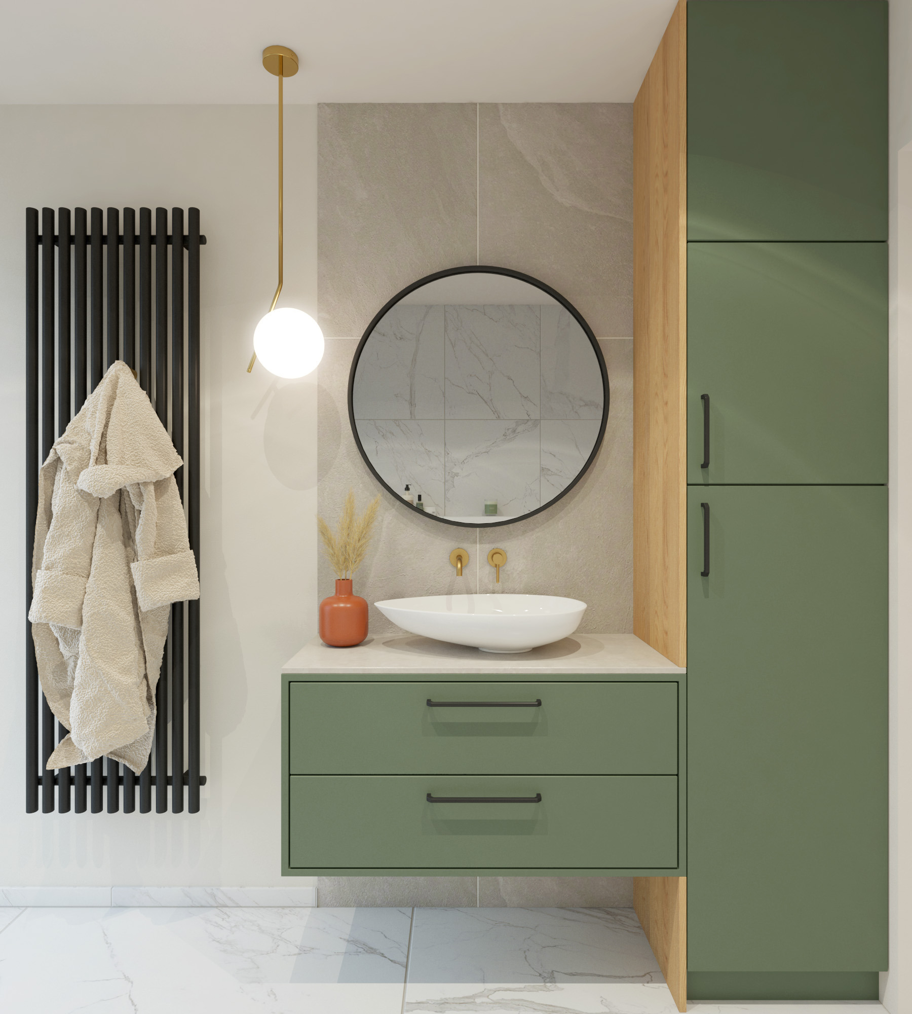 Wizualizacja łazienki z zieloną szafką pod umywalką, okrągłym lustrem, czarnym grzejnikiem drabinkowym z beżowym szlafrokiem i marmurową podłogą.