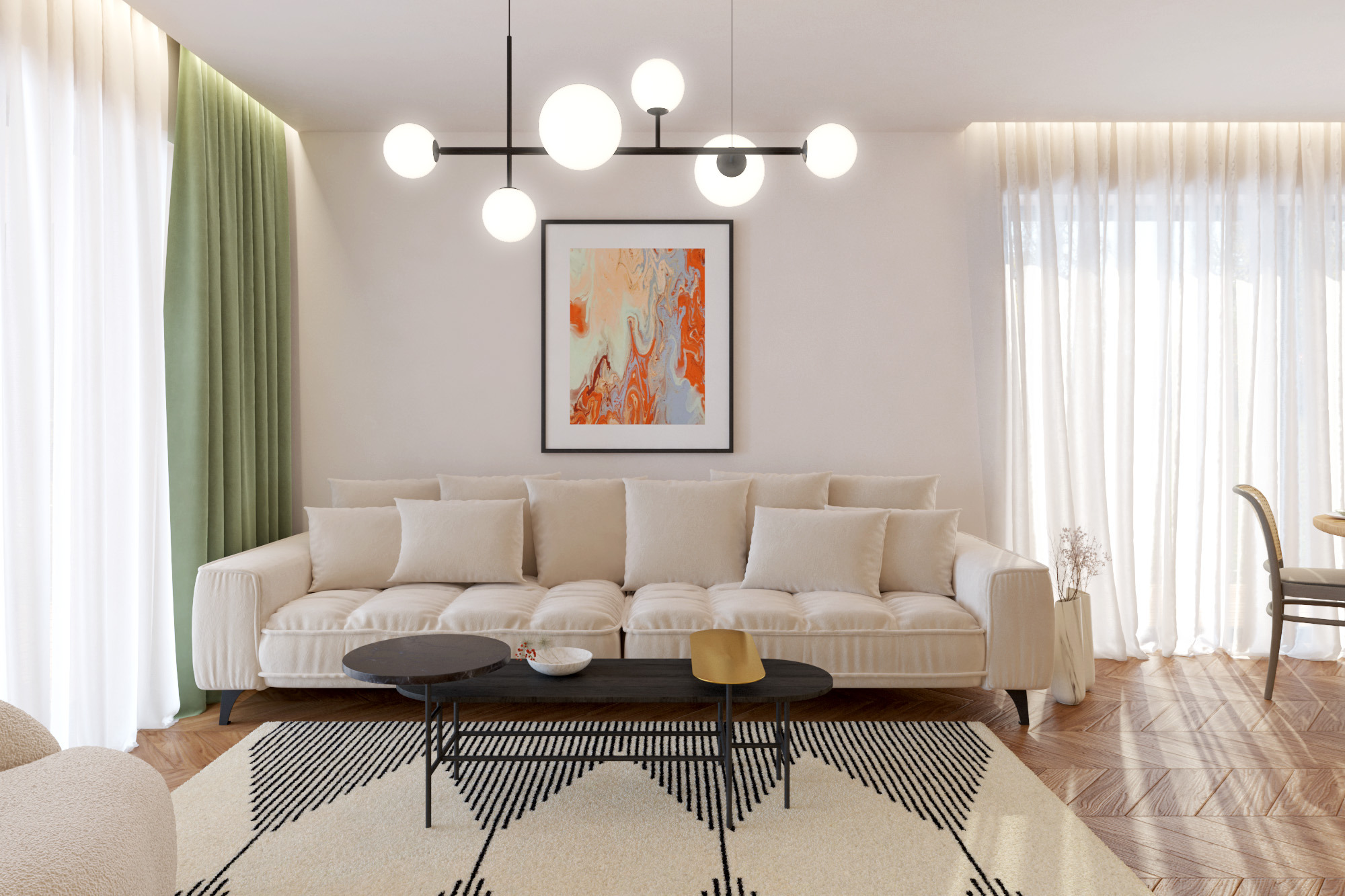 Jasny salon z beżową sofą, abstrakcyjnym obrazem na ścianie, czarnym stolikiem kawowym i dywanem w geometryczne wzory, oświetlony lampą z kulistymi kloszami.