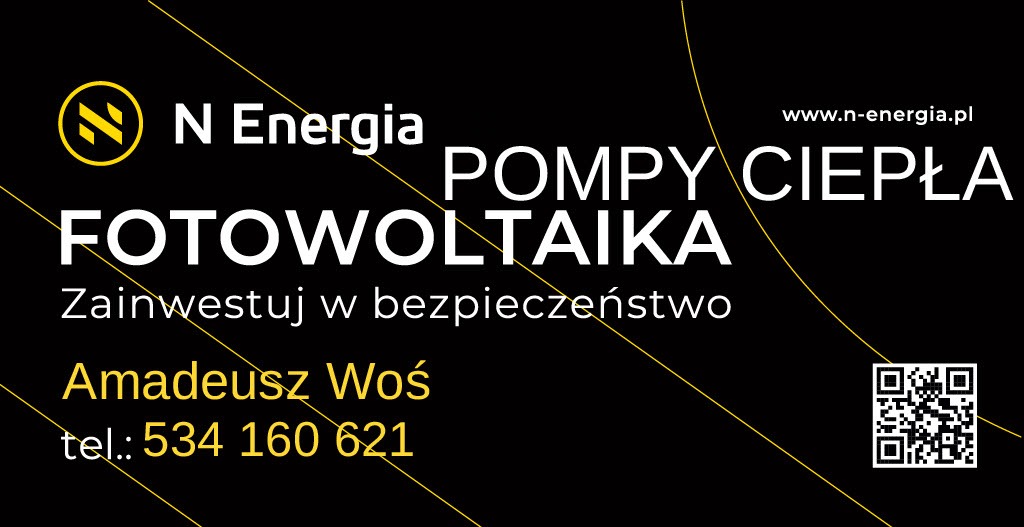 Wizytówka firmy N Energia z ofertą fotowoltaiki i pomp ciepła, zawierająca logo, adres strony internetowej, hasło reklamowe, imię i nazwisko oraz numer telefonu, a także kod QR.