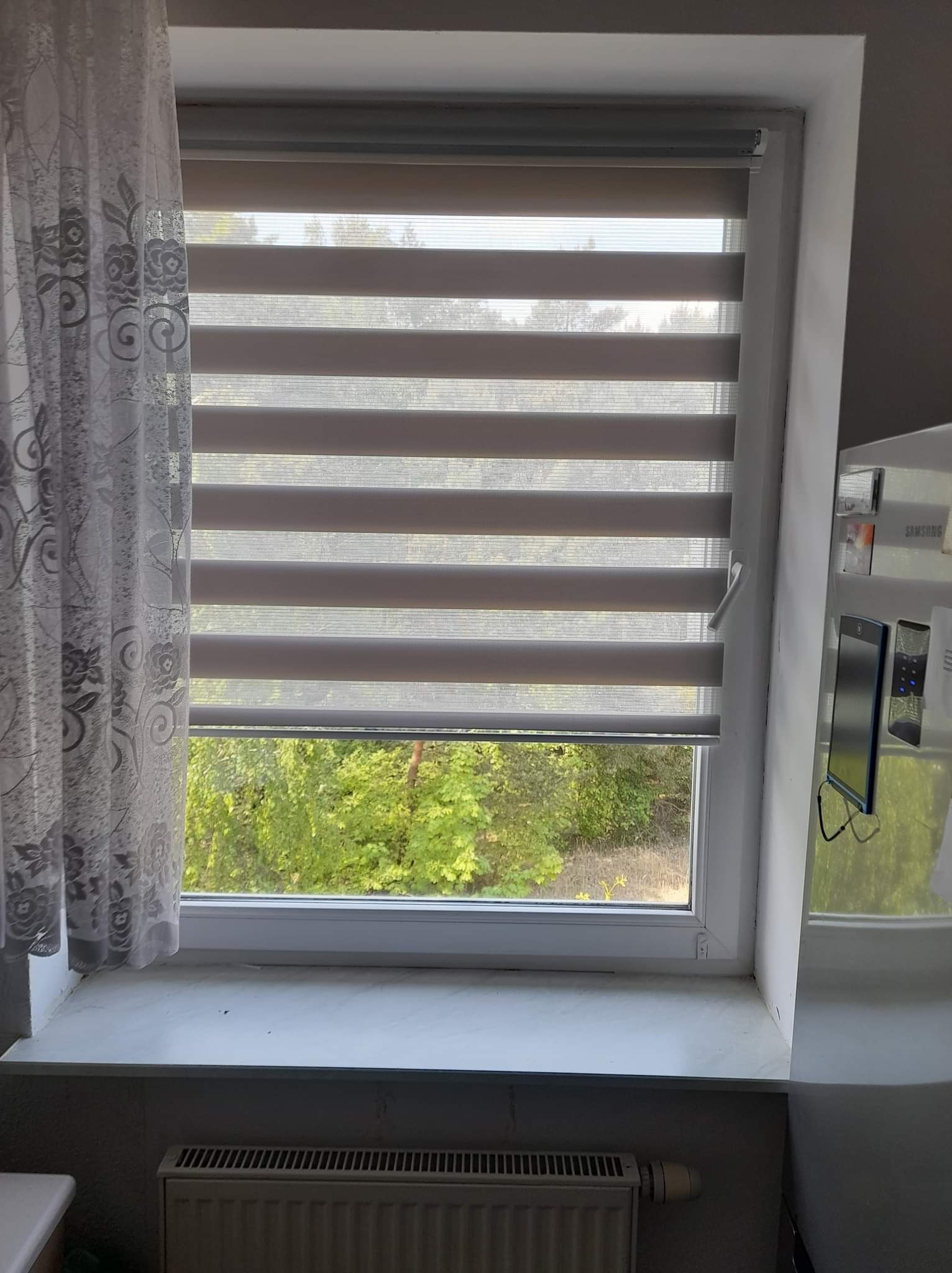 Okno z zamontowaną roletą w systemie dzień i noc, częściowo zasłoniętą, z widokiem na zieleń na zewnątrz i firanką z boku, na parapecie widoczne drobne zabrudzenia.