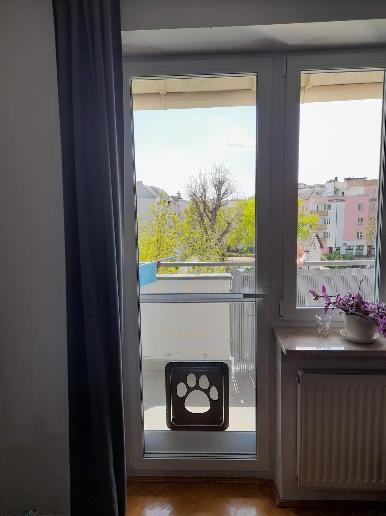 Białe drzwi balkonowe z zamontowanym przejściem dla zwierząt z motywem łapy psa, widok na balkon i budynki w tle, obok grzejnik i doniczka z fioletowymi kwiatami.