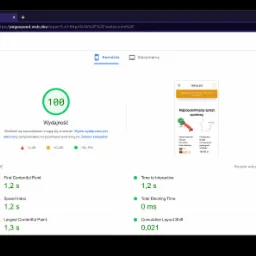 Zrzut ekranu narzędzia PageSpeed Insights z wynikiem 100/100 dla wydajności strony internetowej, prezentujący także metryki First Contentful Paint, Speed Index oraz Largest Contentful Paint...
