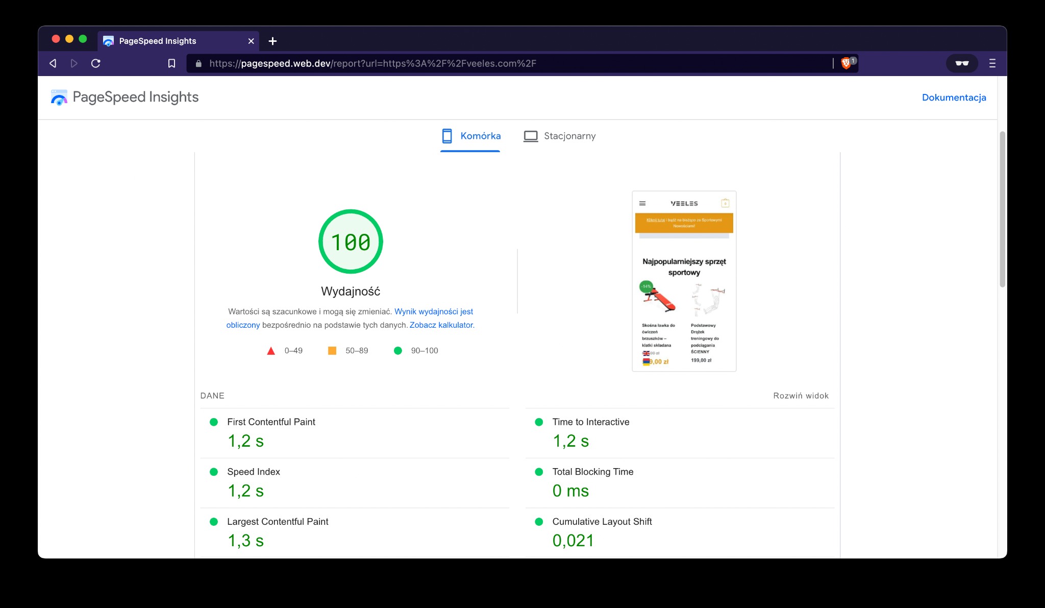 Zrzut ekranu narzędzia PageSpeed Insights z wynikiem 100/100 dla wydajności strony internetowej, prezentujący także metryki First Contentful Paint, Speed Index oraz Largest Contentful Paint...
