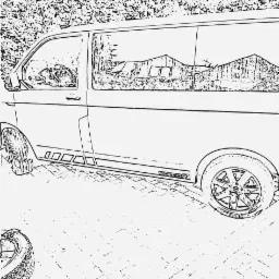 Szkic samochodu typu van z widocznym budynkiem odbijającym się w szybie, wykonany w programie graficznym.