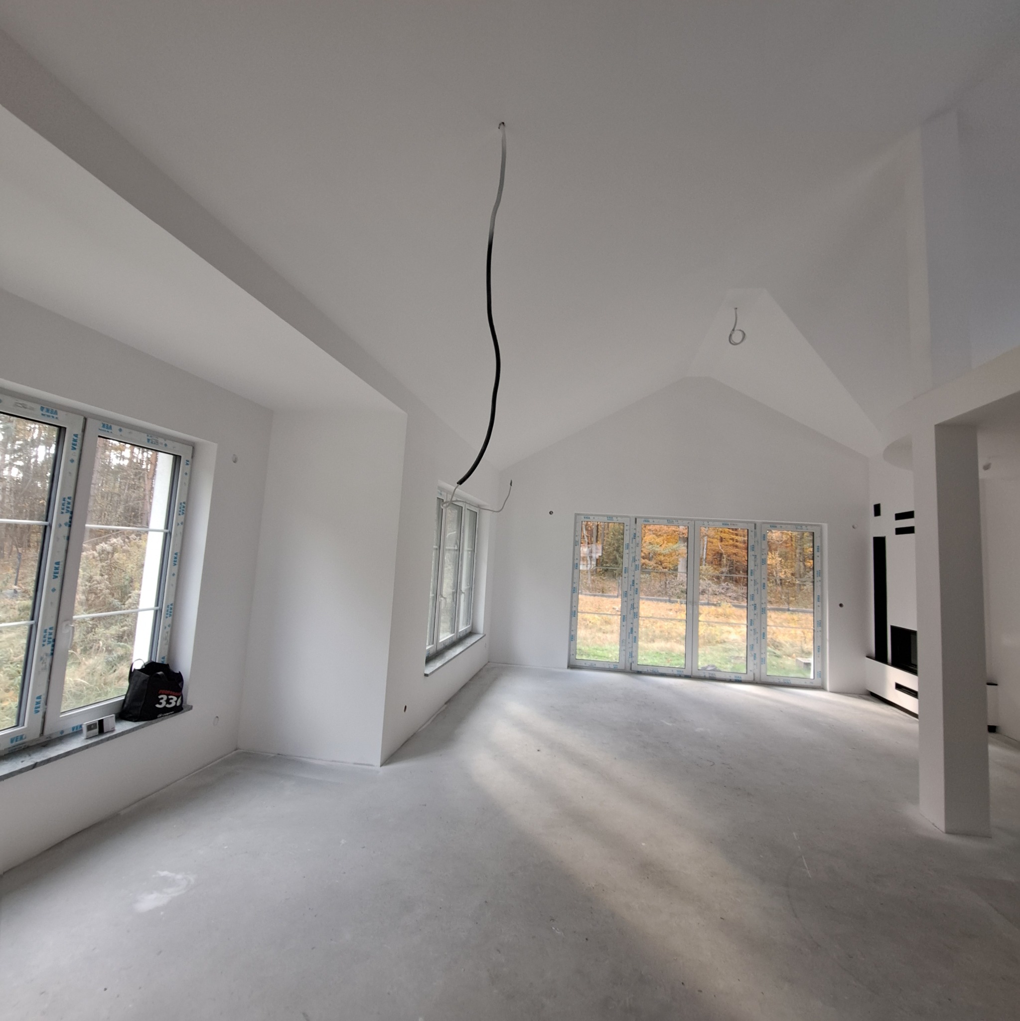 Jasne, przestronne wnętrze po szpachlowaniu i malowaniu na biało. Widoczne okna z widokiem na drzewa, surowa podłoga i wystające kable. Minimalistyczny design.