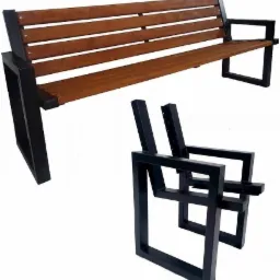 Nowoczesna ławka parkowa z drewnianym siedziskiem i oparciem na czarnej, metalowej ramie, obok szkieletu krzesła z profili stalowych.