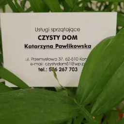 Wizytówka firmy sprzątającej 'Czysty Dom' Katarzyny Pawlikowskiej, umieszczona wśród liści zielonej rośliny doniczkowej.