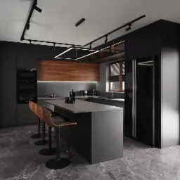 Nowoczesna kuchnia w ciemnej kolorystyce z wyspą, drewnianymi akcentami i marmurową podłogą, oświetlona ledowymi lampami sufitowymi.