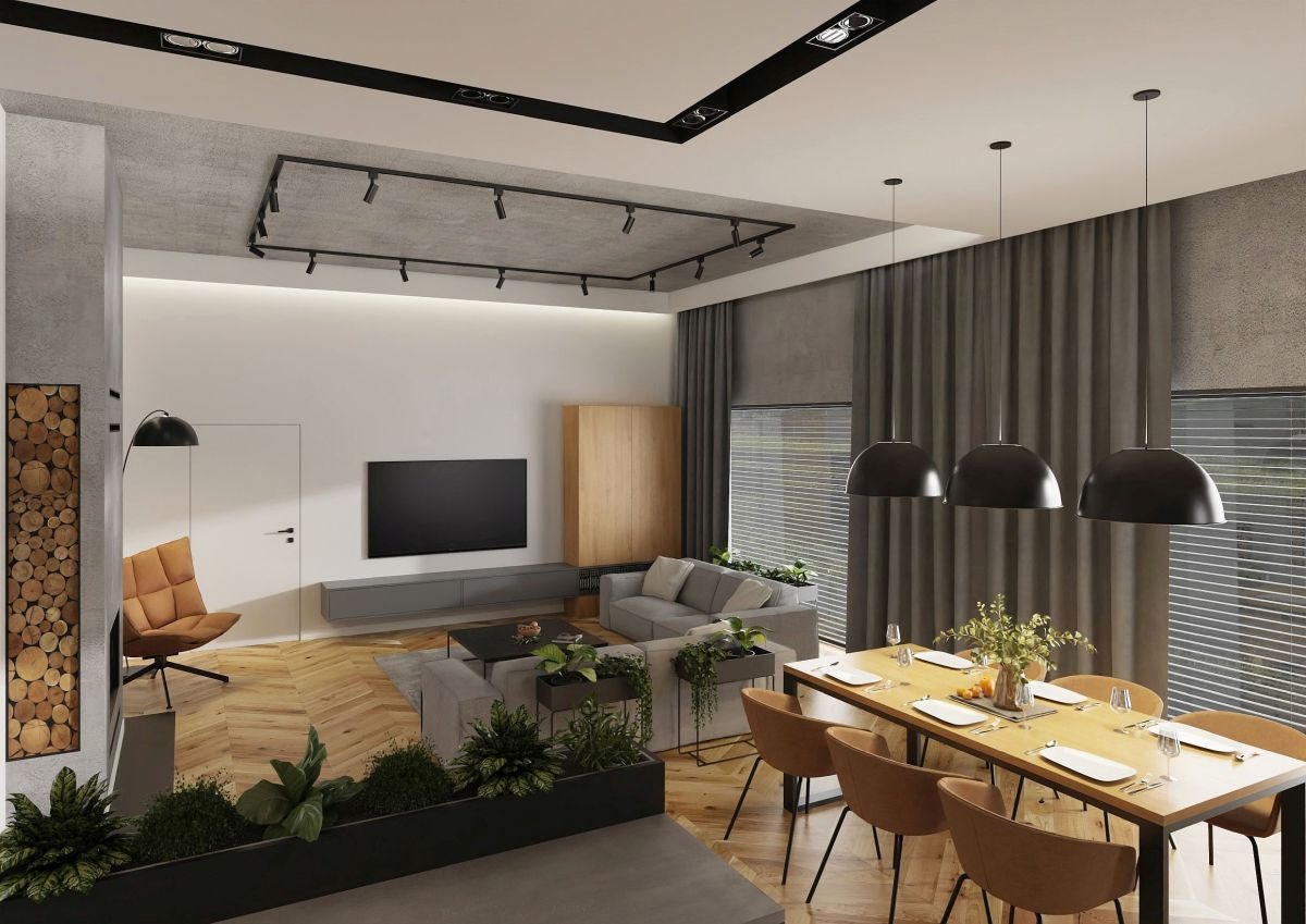 Nowoczesny salon z jadalnią: parkiet w jodełkę, szara sofa narożna z roślinami w doniczkach, stół jadalny z trzema czarnymi lampami wiszącymi, ściana z telewizorem i drewniana dekoracja z pociętych...