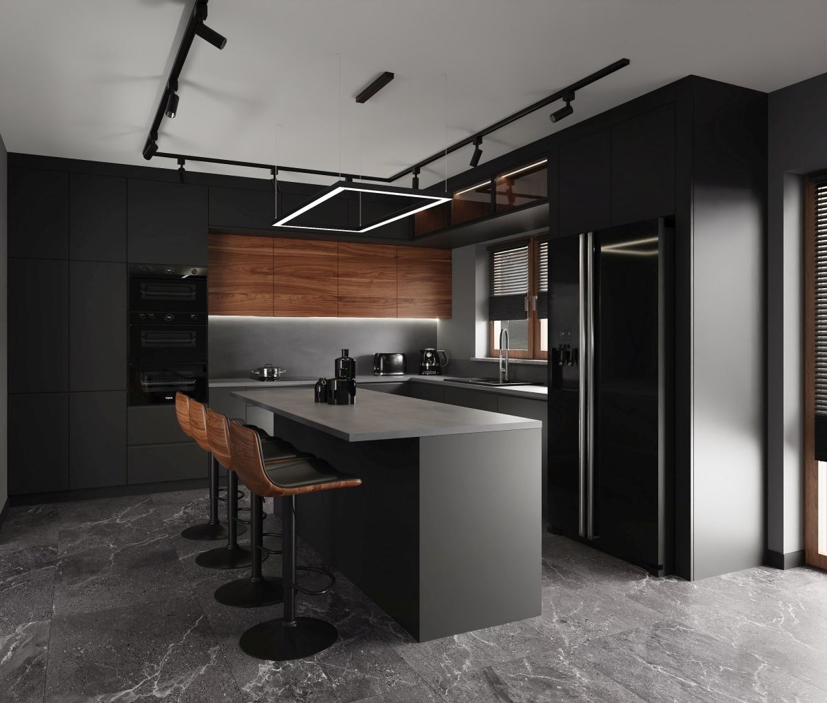 Nowoczesna kuchnia w ciemnej kolorystyce z wyspą, drewnianymi akcentami i marmurową podłogą, oświetlona ledowymi lampami sufitowymi.