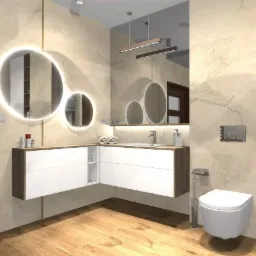 Wizualizacja nowoczesnej łazienki z podświetlanymi okrągłymi lustrami, drewnianymi podłogami, beżowymi płytkami imitującymi marmur, białymi szafkami pod umywalką oraz wiszącą toaletą i bidetem.