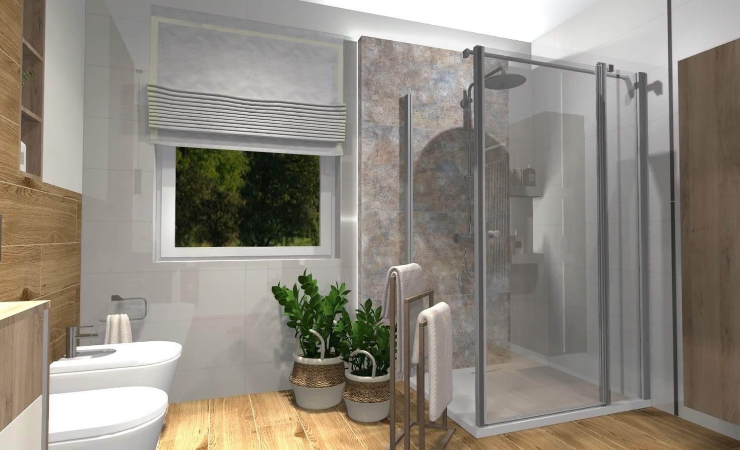 Wizualizacja łazienki z kabiną prysznicową typu walk-in, białą ceramiką sanitarną, roślinami w plecionych doniczkach i oknem z żaluzjami rzymskimi.