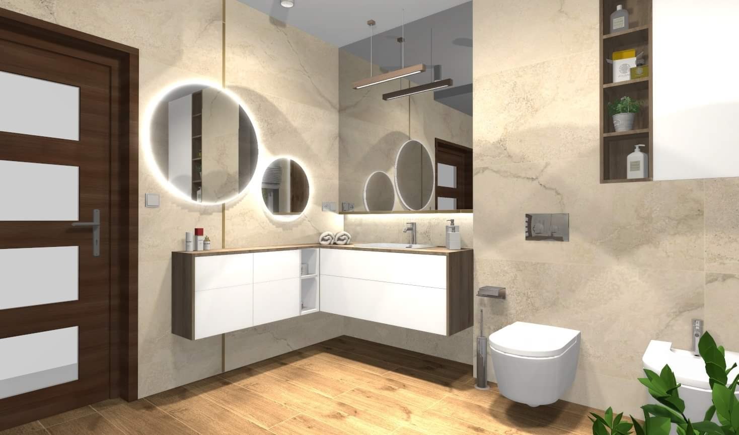 Wizualizacja nowoczesnej łazienki z podświetlanymi okrągłymi lustrami, drewnianymi podłogami, beżowymi płytkami imitującymi marmur, białymi szafkami pod umywalką oraz wiszącą toaletą i bidetem.