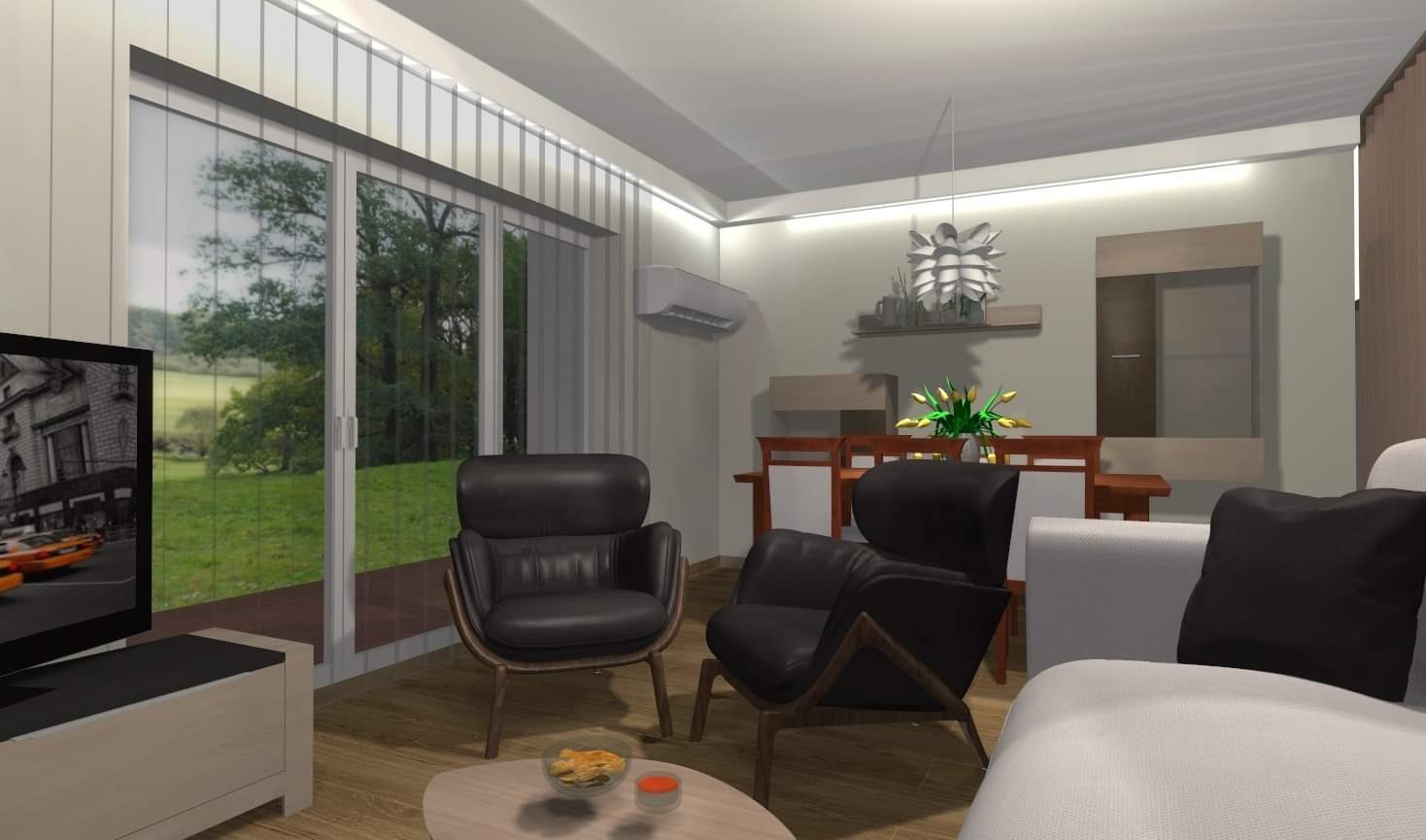 Wizualizacja salonu z dwoma skórzanymi fotelami, okrągłym stolikiem kawowym z przekąskami, telewizorem i widokiem na ogród przez duże okno.