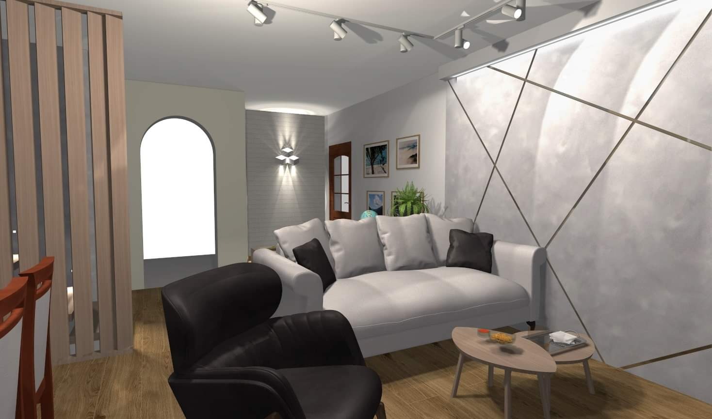Wizualizacja salonu z białym narożnikiem, czarnym fotelem i stolikami kawowymi na drewnianej podłodze, oświetlenie szynowe i dekoracyjna ściana z geometrycznym wzorem.