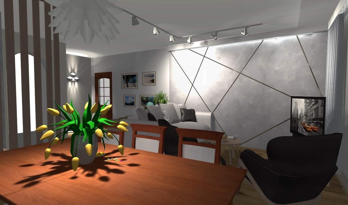 Wizualizacja salonu z jadalnią, drewniany stół z bukietem tulipanów, szara sofa z poduszkami, telewizor z widokiem na Nowy Jork, dekoracyjna ściana z geometrycznym wzorem.