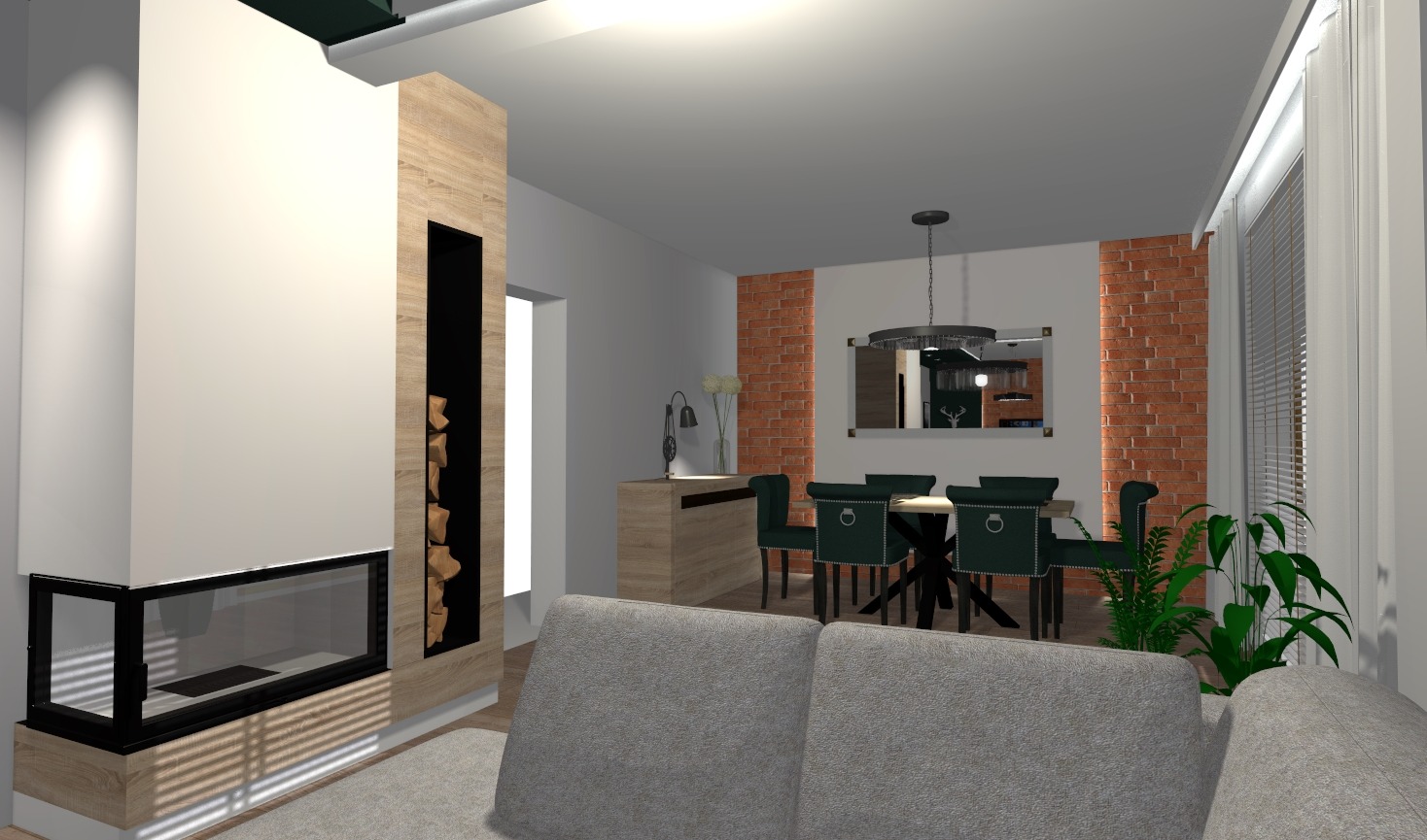 Wizualizacja salonu z kominkiem, drewnianą obudową i dekoracyjnym drewnem, jadalnią z ciemnozielonymi krzesłami oraz ścianą z cegły