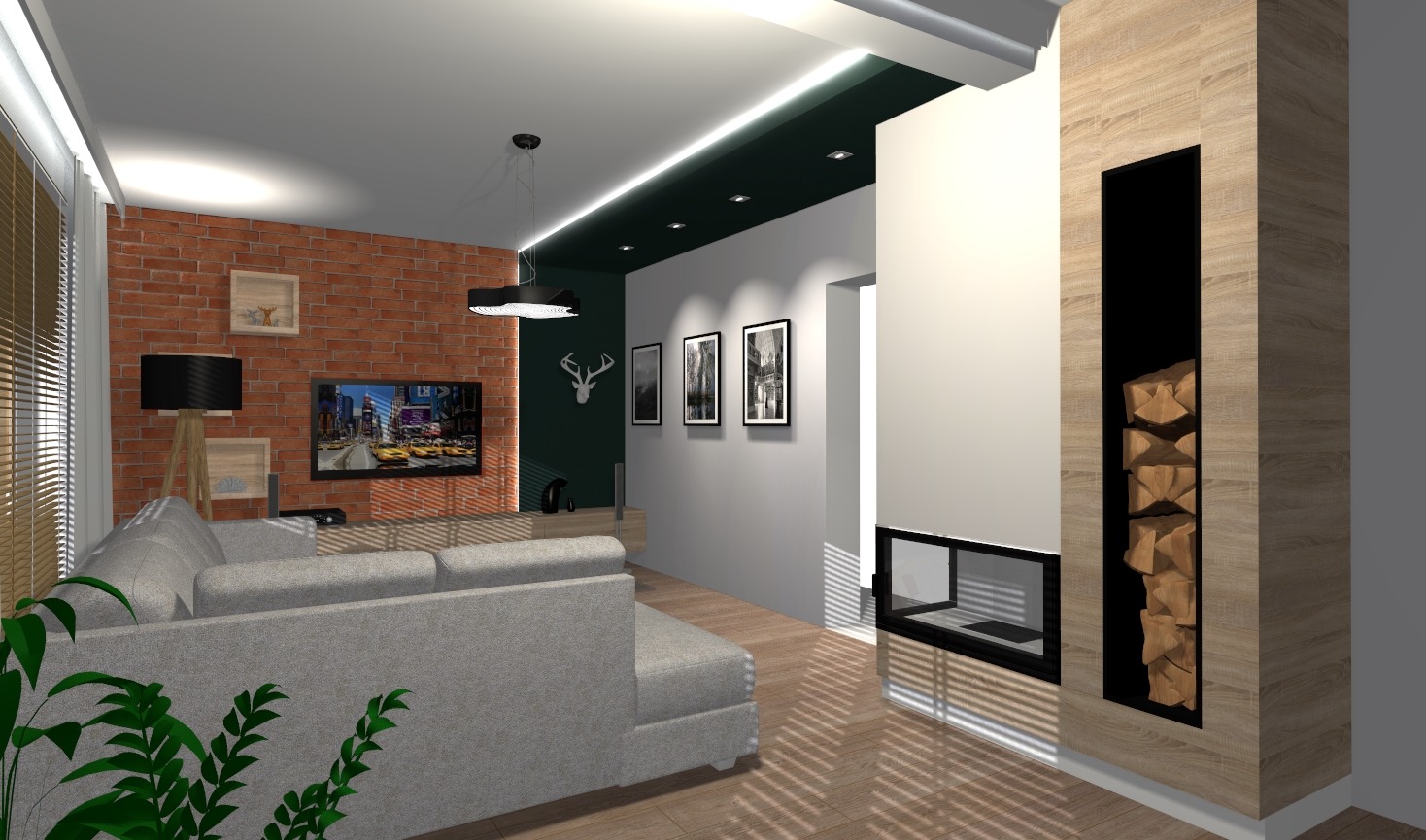 Wizualizacja salonu z ceglaną ścianą, szarą sofą, kominkiem z drewnem, oświetleniem LED i dekoracjami ściennymi.