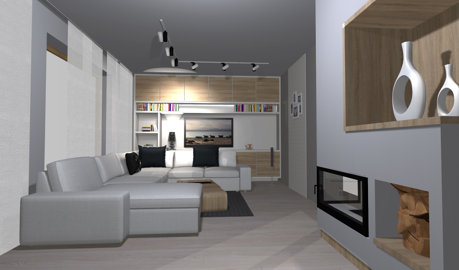 Wizualizacja salonu z narożną sofą, drewnianymi szafkami podświetlonymi LED, kominkiem z drewnem i dekoracyjnymi wazonami.