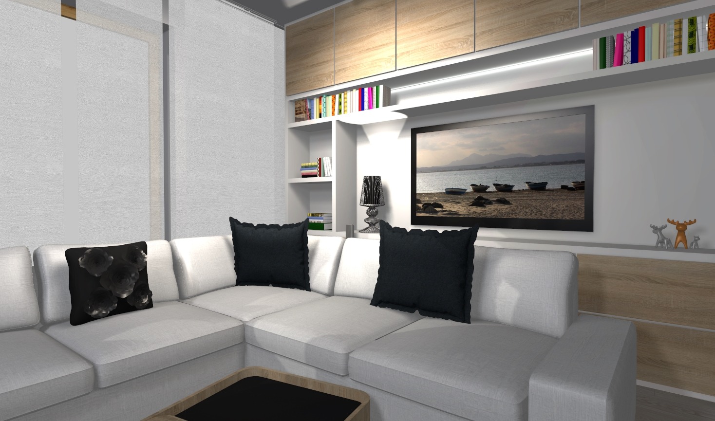 Wizualizacja salonu z białym narożnikiem, czarnymi poduszkami, drewnianymi szafkami wiszącymi i półkami z książkami, oświetleniem LED oraz obrazem z motywem plaży i łodzi.