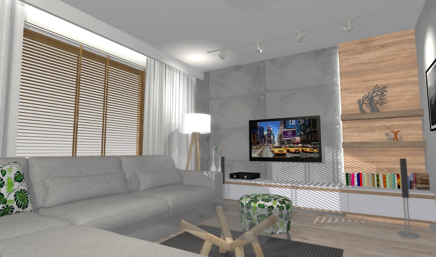 Wizualizacja salonu z szarą sofą narożną, drewnianymi żaluzjami i ścianą z telewizorem wyświetlającym widok na Nowy Jork, oświetlona lampą na trójnogu i listwą sufitową