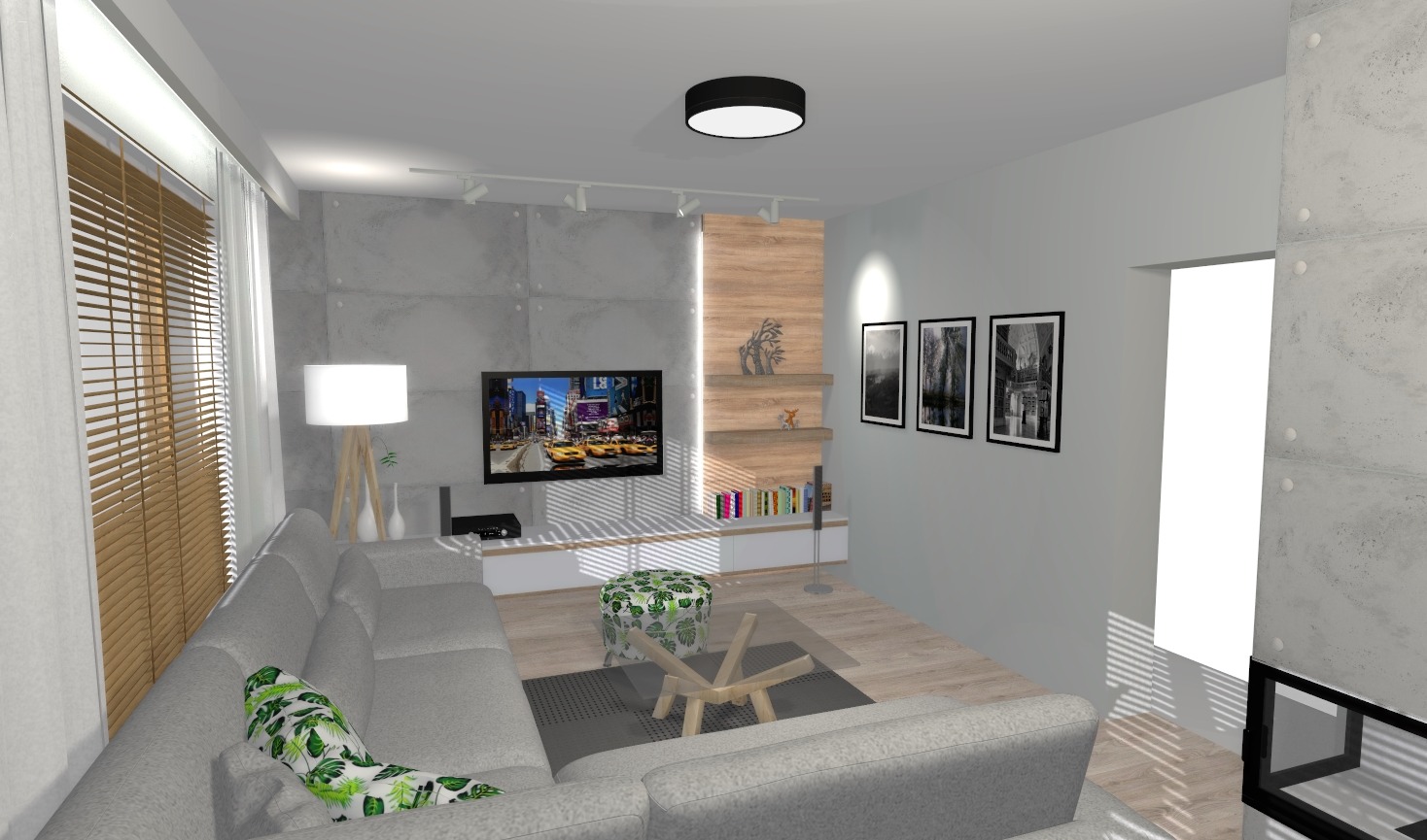 Wizualizacja salonu z szarą sofą narożną, stolikiem kawowym z drewnianymi nogami, ścianą z betonu architektonicznego i telewizorem wyświetlającym Times Square.