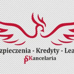 Logo firmy z Lublina oferującej ubezpieczenia, kredyty i leasingi, z symbolem stylizowanego ptaka w kolorze czerwonym.