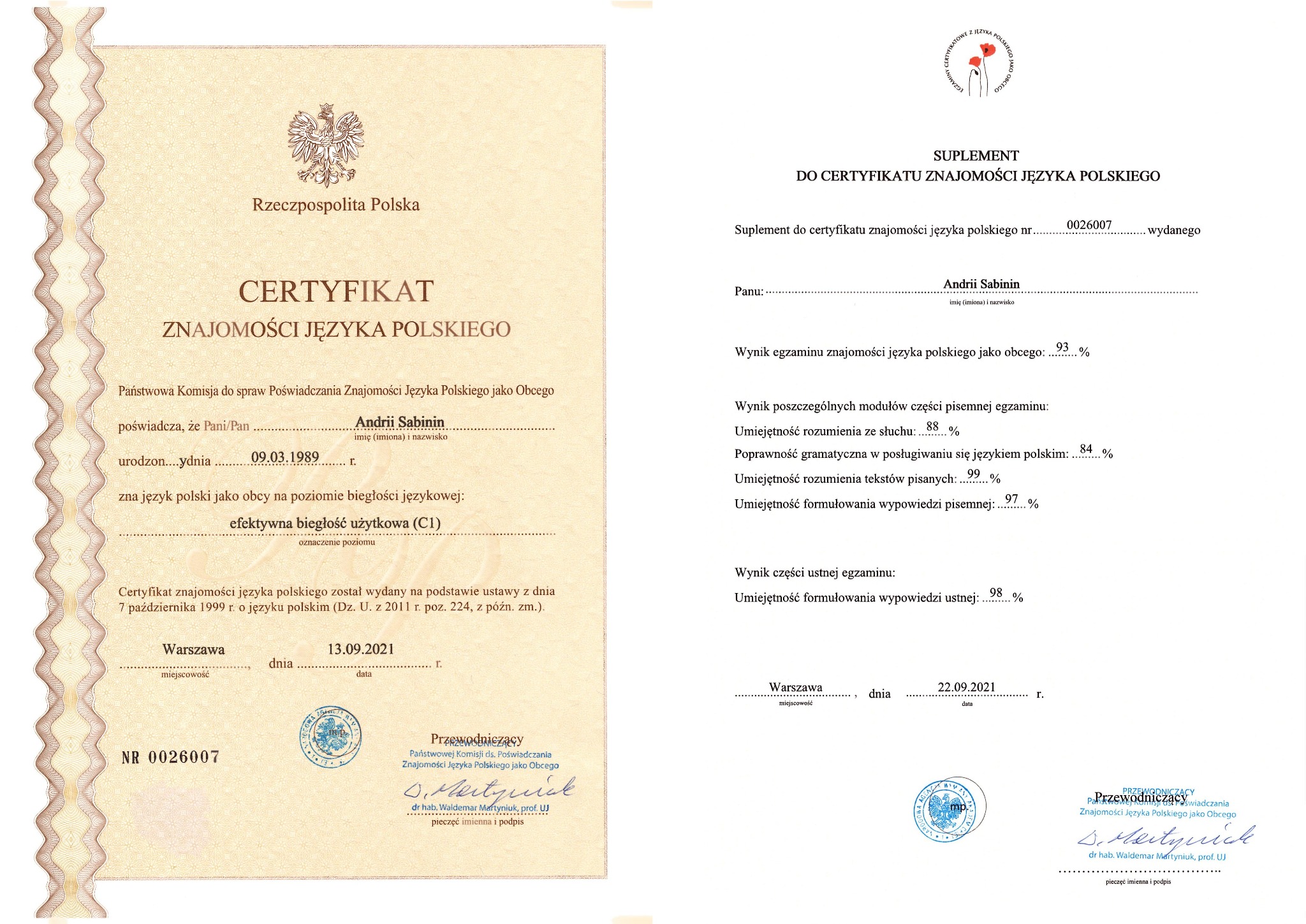 Mój certyfikat znajomości języka polskiego na poziomie C1