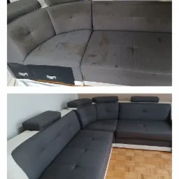 Dwuczęściowe ujęcie narożnika tapicerowanego: góra - widoczne plamy przed czyszczeniem, dół - narożnik po usunięciu zabrudzeń, jasna podłoga z parkietu.