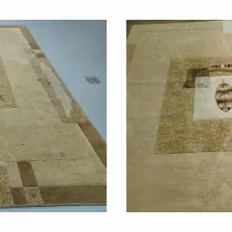 Beżowy dywan z geometrycznym wzorem i motywem liści, widoczne ślady użytkowania, zrobione z góry.