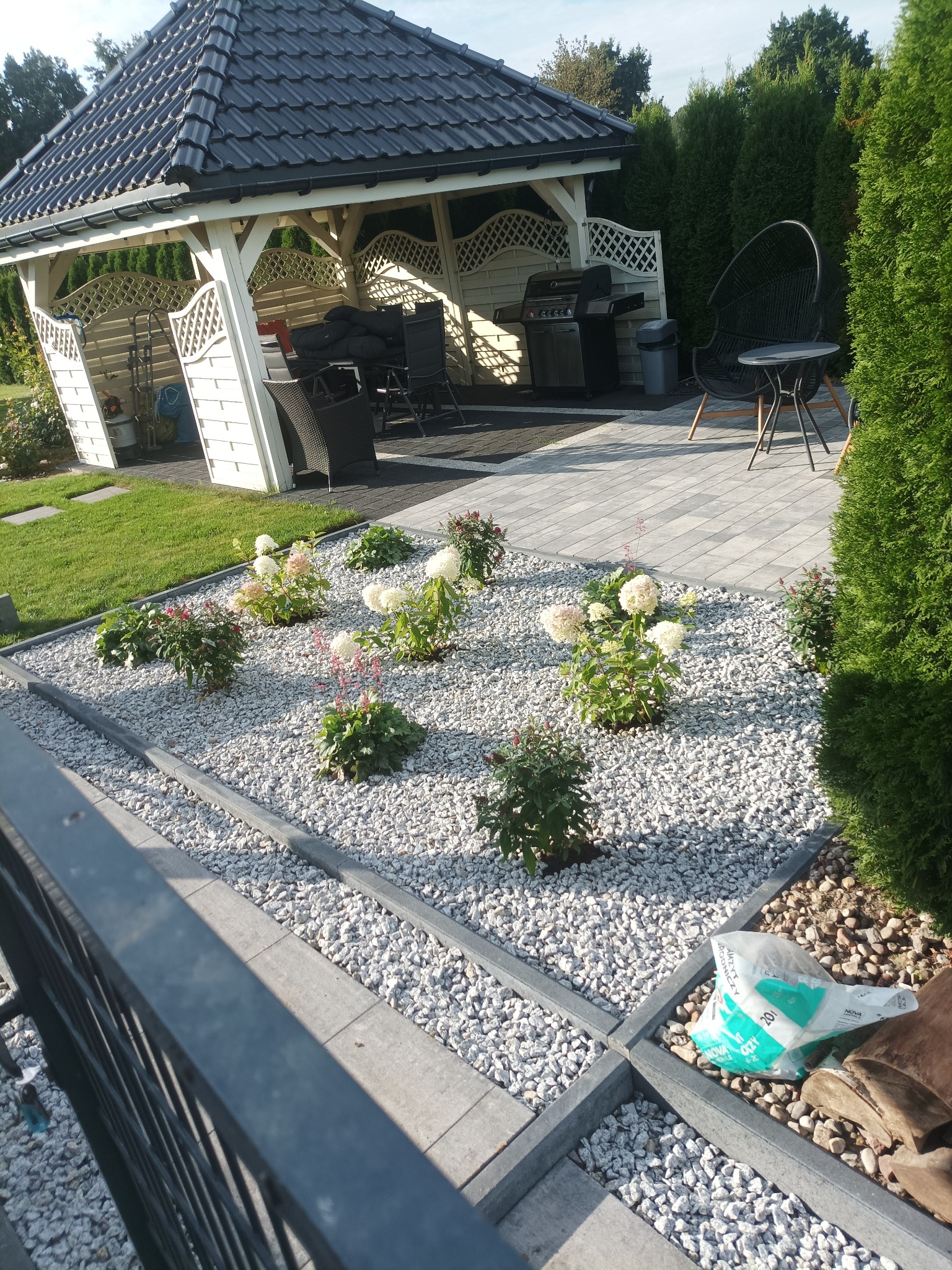 Ogród z białymi kamykami, obrzeżami i rabatami z hortensjami, w tle altana z grillem i meblami ogrodowymi. Widok na zadbany ogród przydomowy.