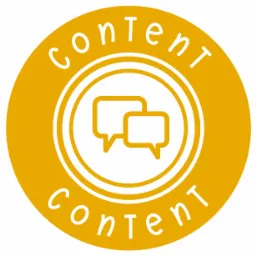 Ż&oacute;łty okrągły emblemat z białymi dymkami czatu wewnątrz i napisem 'content' wok&oacute;ł obwodu.