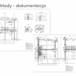 Dokumentacja rysunkowa konstrukcji stalowej w Będzinie, prezentująca przekroje i detale budynku. Widoczne szczegółowe oznaczenia wymiarowe i opisowe.