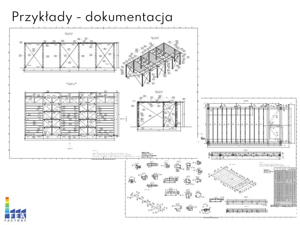 Dokumentacja techniczna hali stalowej, zawierająca rysunki szczegółowe przekrojów i elementów konstrukcyjnych, z widocznym logo firmy.