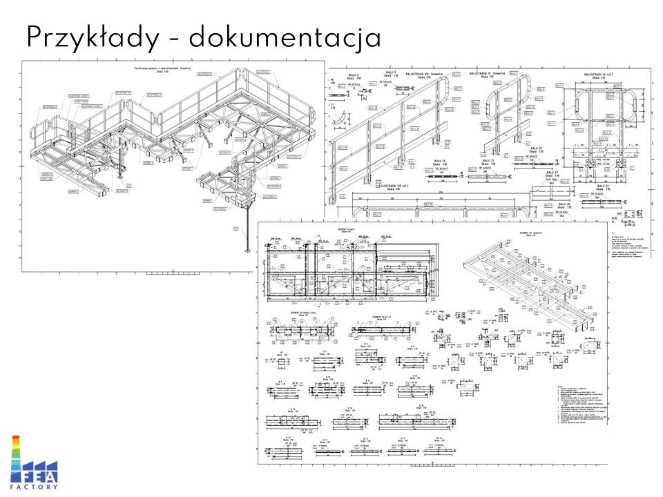 Rysunek techniczny z detalami konstrukcji stalowej pomostu roboczego z balustradami, zawierający rzuty, przekroje i wymiary.