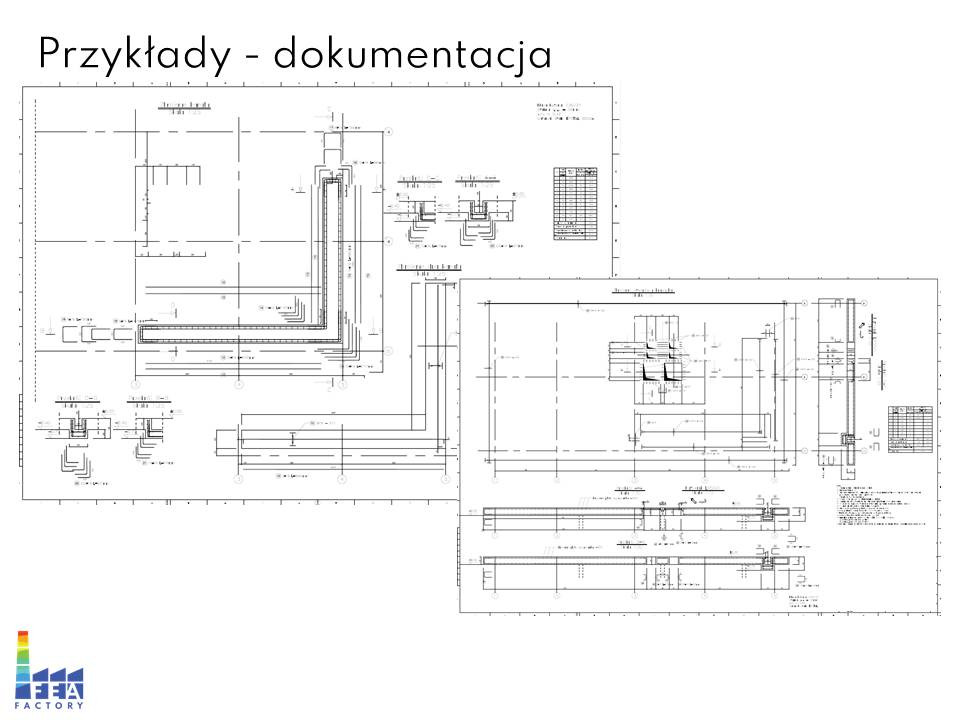 Dokumentacja techniczna z rysunkami konstrukcyjnymi, zawierająca rzuty i przekroje elementów, w tym detale połączeń i wymiarowania.