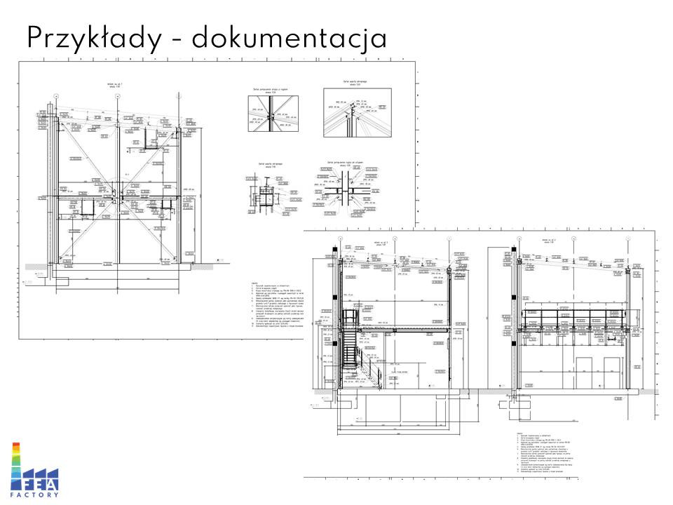 Dokumentacja rysunkowa konstrukcji stalowej w Będzinie, prezentująca przekroje i detale budynku. Widoczne szczegółowe oznaczenia wymiarowe i opisowe.