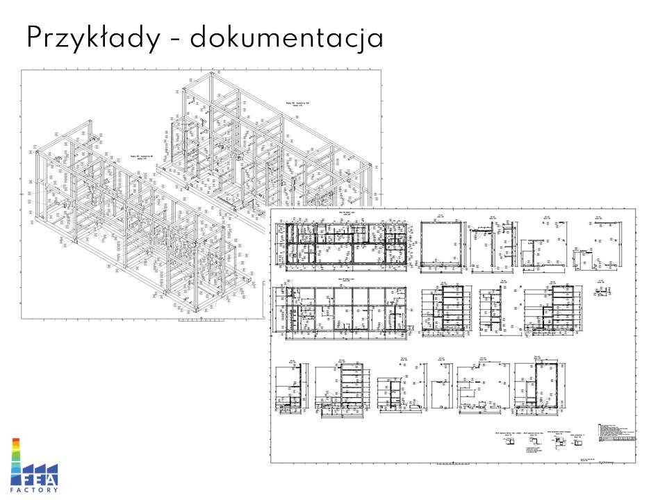 Skan dokumentacji technicznej z rysunkami konstrukcji stalowej w widoku izometrycznym i rzutach, z naniesionymi wymiarami i oznaczeniami, uzupełniony o logo firmy projektowej w lewym dolnym rogu.