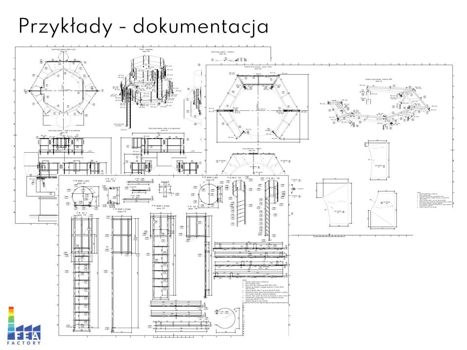 Szczegółowy plan techniczny konstrukcji stalowej z widocznymi elementami schodów i platform, zawierający wymiary i specyfikacje.