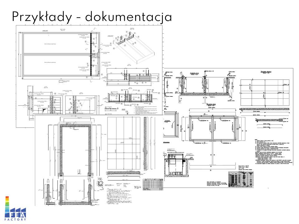 Zestaw rysunków technicznych przedstawiających przekroje i plany konstrukcji, prawdopodobnie zbiornika lub fundamentu, z detalami zbrojenia i wymiarami, opatrzony logo FFA Factory.