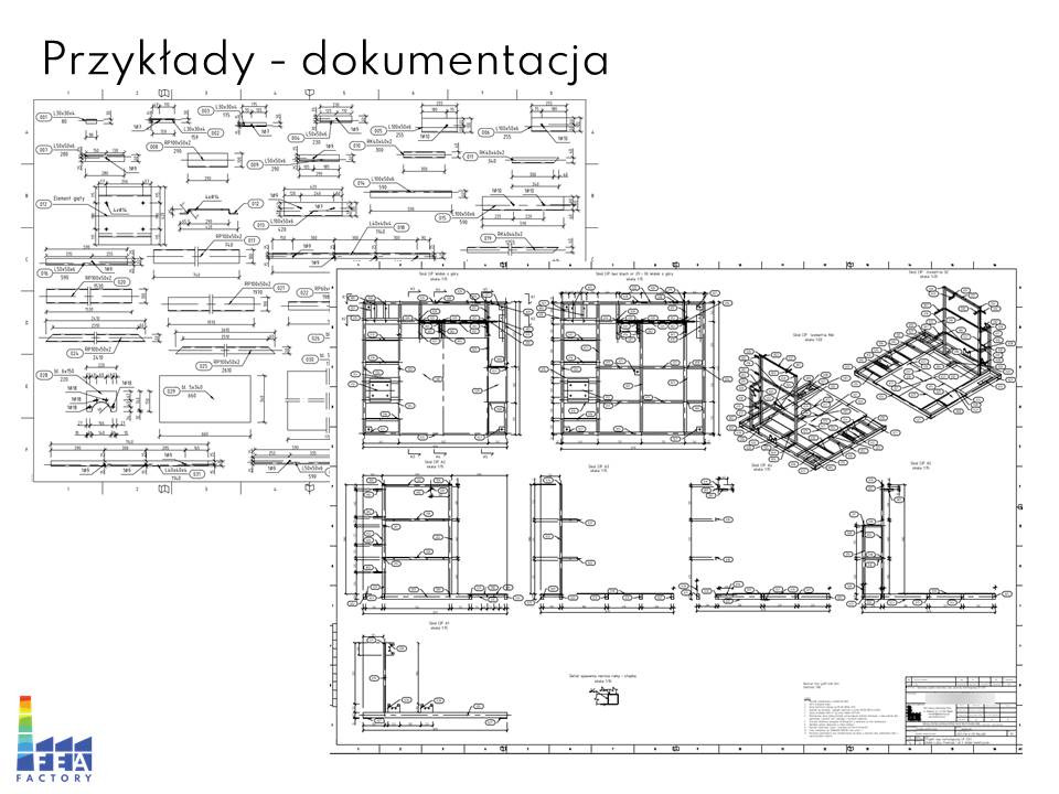 Dokumentacja techniczna: zestawienie rysunków konstrukcyjnych, w tym przekroje, detale i widoki izometryczne konstrukcji stalowej, z wymiarami i oznaczeniami, widoczny także logotyp firmy.