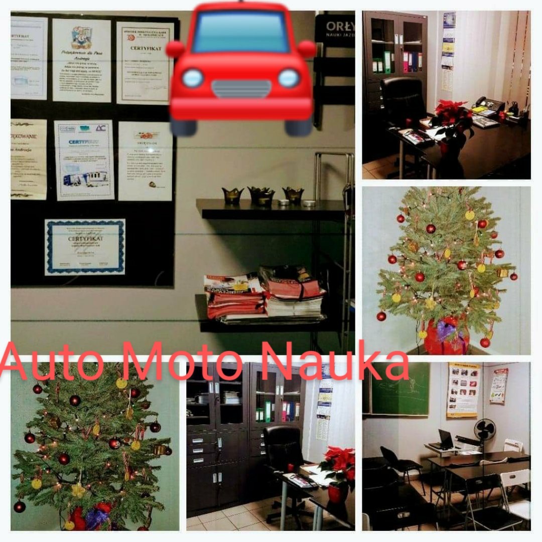 Kolaż zdjęć wnętrza biura z certyfikatami na ścianie, biurkiem, regałem, choinką z bombkami i salą wykładową z tablicą.