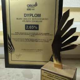 Dyplom w czarnej ramce i statuetka Złote Orły Nieruchomości 2022 dla Biura Obsługi Nieruchomości Kruszka Stanisław, potwierdzające przynależność do 2.65% najlepszych firm w branży nieruchomości...