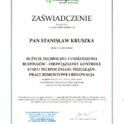 Skan zaświadczenia o ukończeniu seminarium z zakresu zużycia technicznego i uszkodzeń budynków, obowiązkowych kontroli stanu technicznego, przeglądów, prac remontowych i renowacji, wydane przez...