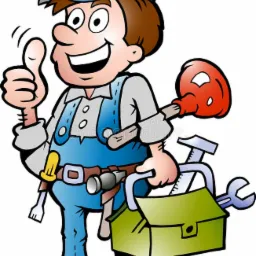 Karykaturalny hydraulik z uśmiechem i uniesionym kciukiem, trzymający skrzynkę z narzędziami, przepychacz i klucz francuski.