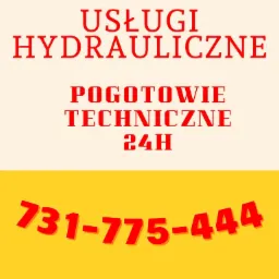 Ogłoszenie usług hydraulicznych i pogotowia technicznego 24h z czerwonym tekstem na podzielonym beżowo-żółtym tle, z wyraźnie wyeksponowanym numerem telefonu.