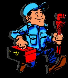 Karykaturalny hydraulik w niebieskim kombinezonie i czapce, biegnący z czerwonym kluczem francuskim w jednej ręce i czerwonym narzędziowym kuferkiem w drugiej.