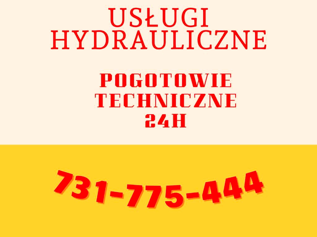 Ogłoszenie usług hydraulicznych i pogotowia technicznego 24h z czerwonym tekstem na podzielonym beżowo-żółtym tle, z wyraźnie wyeksponowanym numerem telefonu.