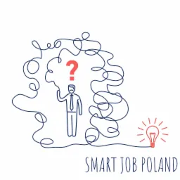 Rysunek liniowy przedstawiający biznesmena z pytajnikiem nad głową, otoczonego splątaną linią, z żarówką i napisem SMART JOB POLAND.