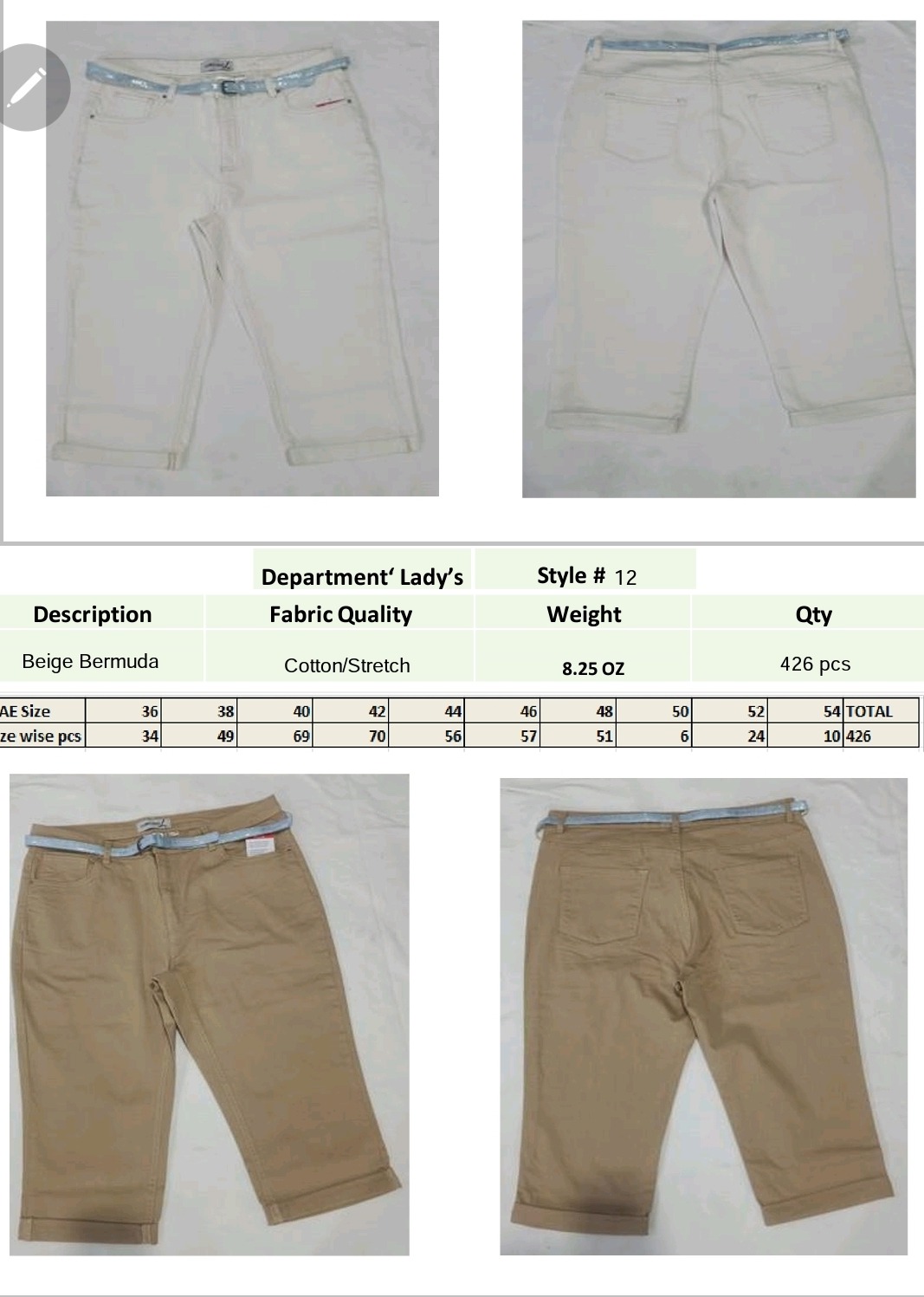 Damskie spodnie typu bermudy w kolorze beżowym i białym, z podwiniętymi nogawkami i cienkim paskiem. Widoczne przód i tył spodni.